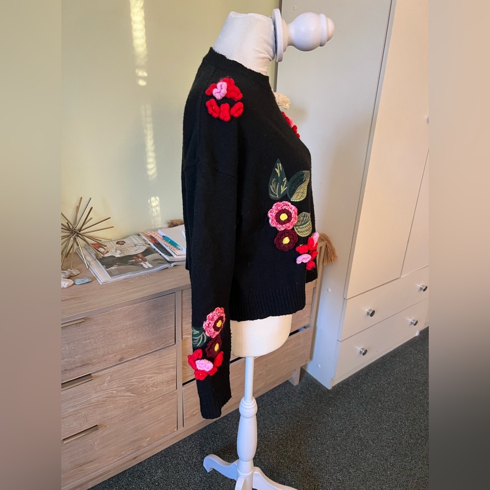 3D Flower Appliqué Tufted Embroidered Wool Blend Oversized Baggy Modest Sweater - Picture 8 of 16